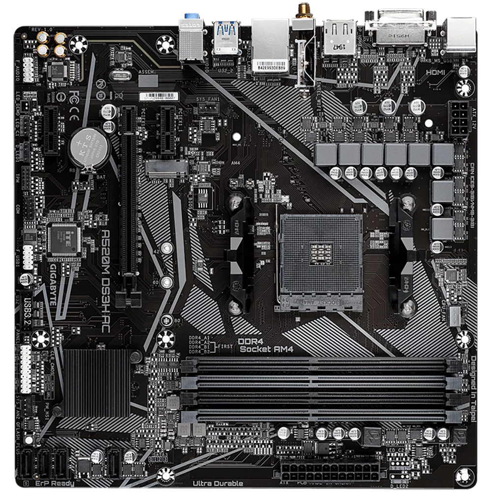 Материнская плата Gigabyte A520M DS3H AC Soc-AM4 AMD A520 4xDDR4 mATX AC`97 8ch(7.1) GbLAN RAID+HDMI+DP