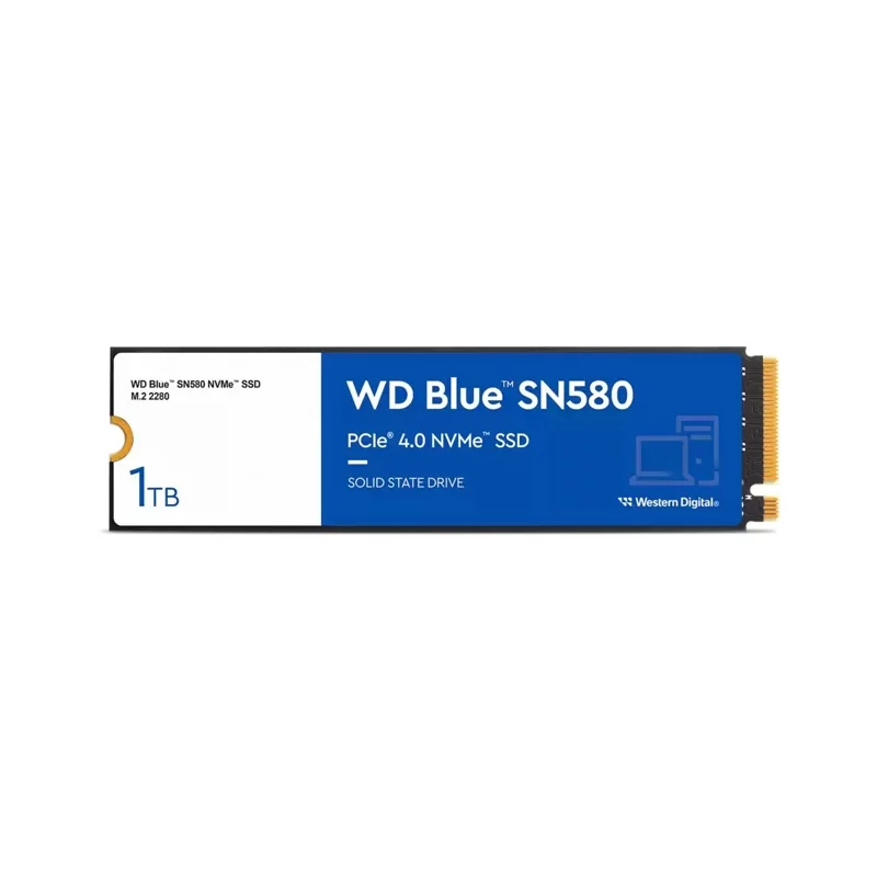 Твердотельный накопитель/ WD SSD Blue SN580 NVMe, 1000GB, M.2(22x80mm), NVMe, PCIe 3.0 x4, 3D TLC, R/W 3500/3000MB/s, IOPs 460 000/450 000, TBW 600, DWPD 0.3 (12 мес.) (WDS100T3B0E)