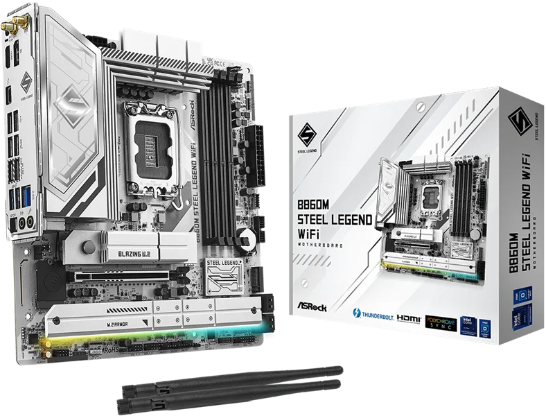 Материнская плата ASROCK B860M STEEL LEGEND WIFI, LGA1851, B860, 4*DDR5, 4*SATA, 4*M.2, 4*USB 3.2, 2*USB 2.0, Type-C, 2*PCIx16, 1*M.2 (Key E), HDMI+DP, mATX