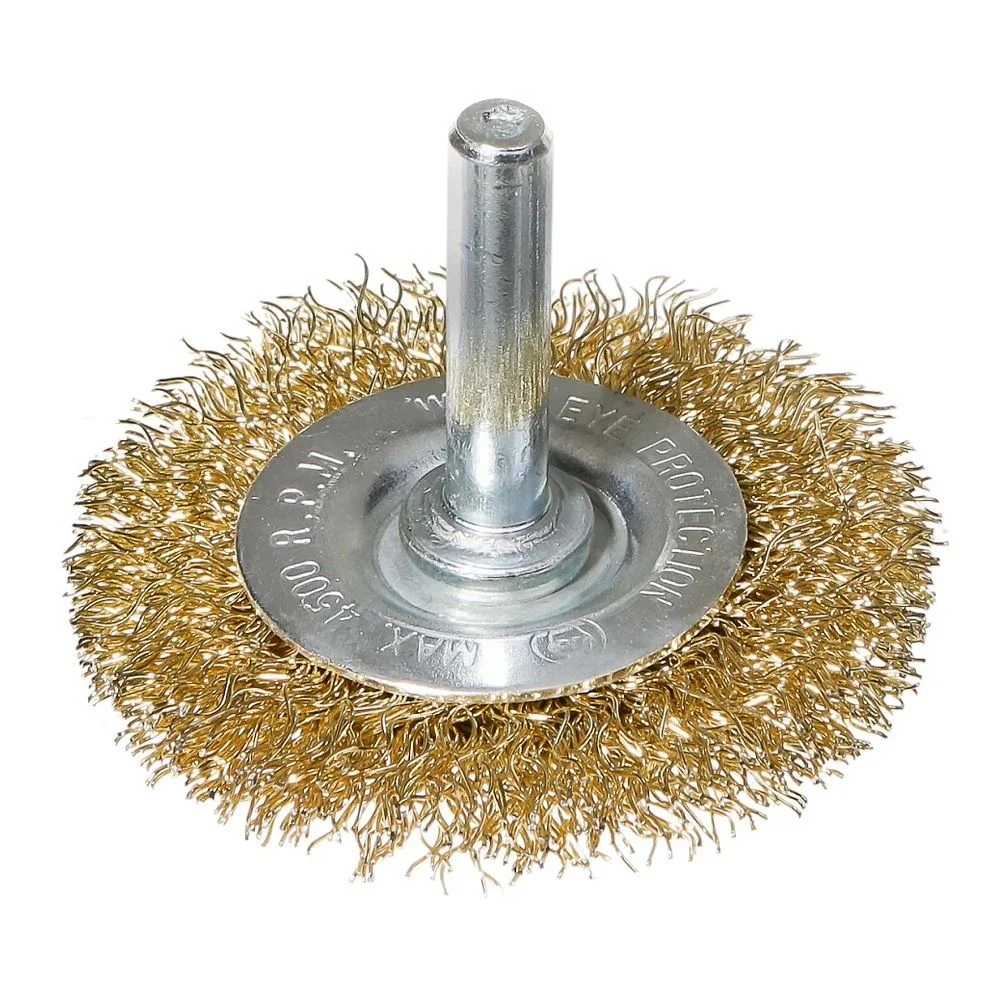 Оснастка Deli Щетка дисковая прямая для дрели DH-GSS075-E4 75мм, латунированная, толщина проволоки 0,3мм, хвостовик 6мм, макс. 4500 об/мин