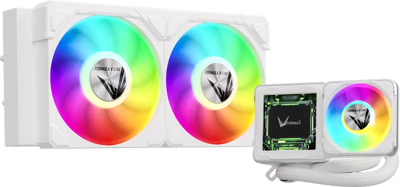 Система водяного охлаждения Formula V Line Cryo Wing Digi 240 WH, 240mm, LCD 2.73", 2x120mm, ARGB fans, LGA115X/1200/1700/1851/1366/2011/2066, AM3/AM4/AM5/Ryzen3/Ryzen5/Ryzen7/Threadripper/RT4