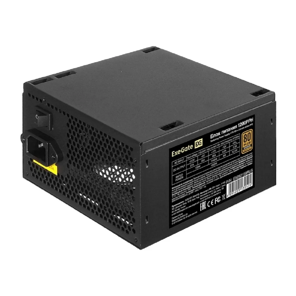 Exegate EX292158RUS-OEM Блок питания 1200W ExeGate 80 PLUS® Bronze 1200PPH-OEM (ATX, APFC, КПД 89% (80 PLUS Bronze), 12cm fan, 20+4pin, 2x(4+4)pin, 6xPCI-E, 8xSATA, 4xIDE, black, RTL)