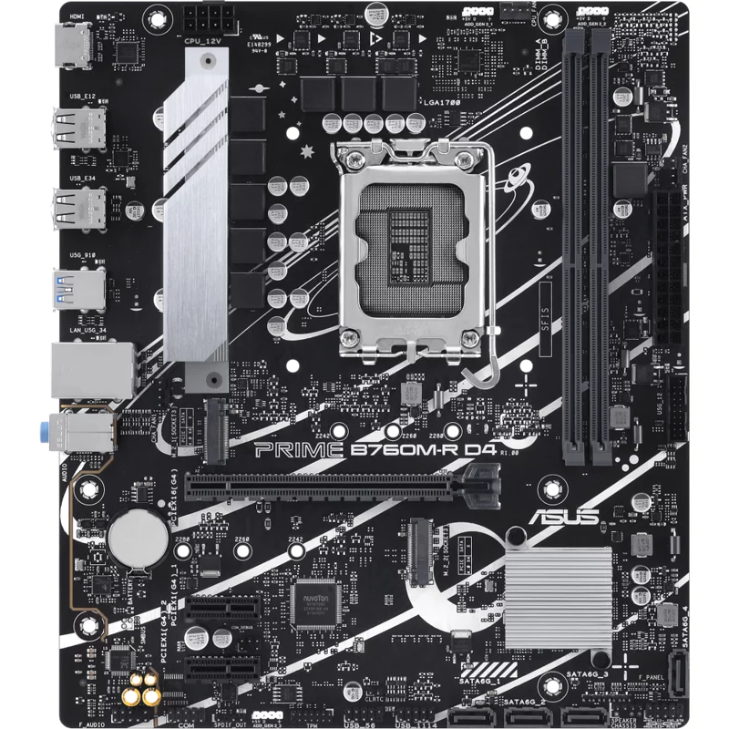 Материнская плата ASUS PRIME B760M-R D4, LGA1700, B760, 2*DDR4, 4*SATA, 2*M.2, 4*USB 3.2, 4*USB 2.0, 1*PCIx16, 2*PCIx1, HDMI, mATX (90MB1HA0-M0EAY0)