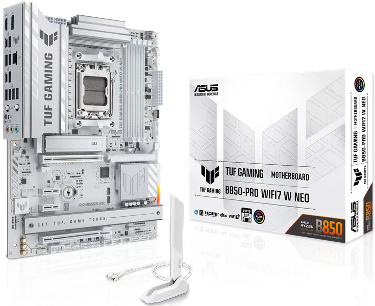 Материнская плата ASUS TUF GAMING B850-PRO WIFI7 W NEO, AM5, B850, 4*DDR5, 4*SATA, 3*M.2, 4*USB 3.2, 2*USB 2.0, Type-C, 3*PCIx16, 2*PCIx1, DP+HDMI, ATX; 90MB1NW0-M0EAY0