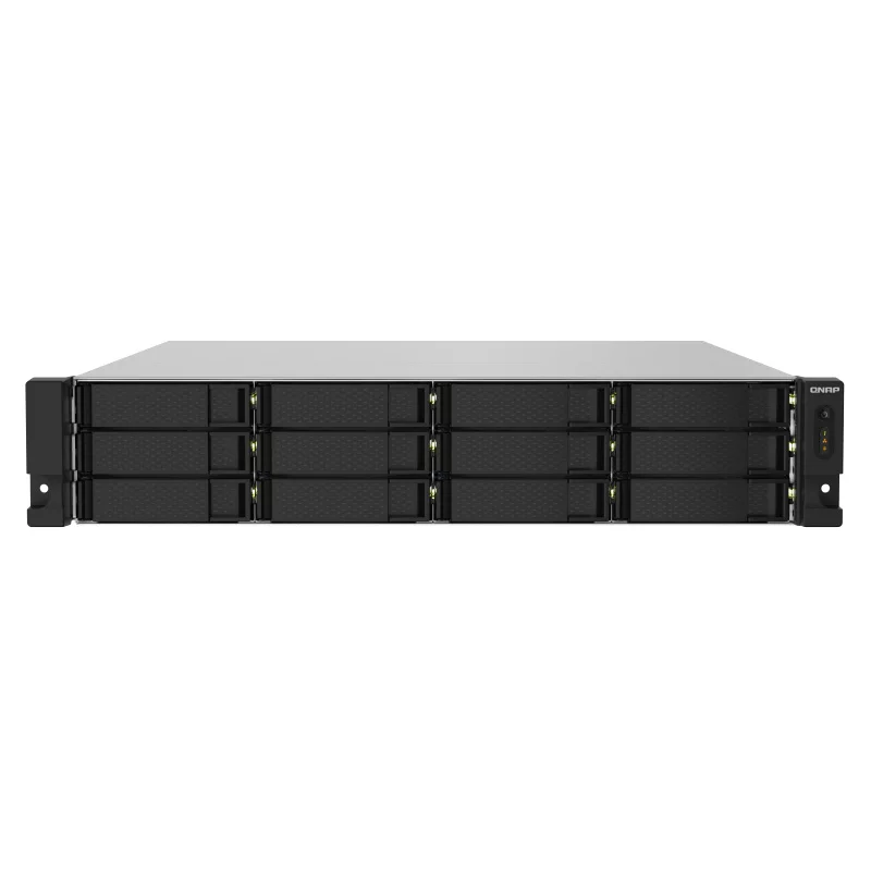SMB QNAP TS-1232PXU-RP-4G 12-Bay quad-core 64-bit AL324 1.7 GHz rackmount NAS with 250W redundant PSU, 4GB DDR4 UDIMM RAM (max 1x16GB), SATA 6Gb/ s, 2x 10GbE SFP+ LAN, 2x2.5 GbE LAN, 1x PCIe Gen2 x2 slot. W/ o RAIL-B02