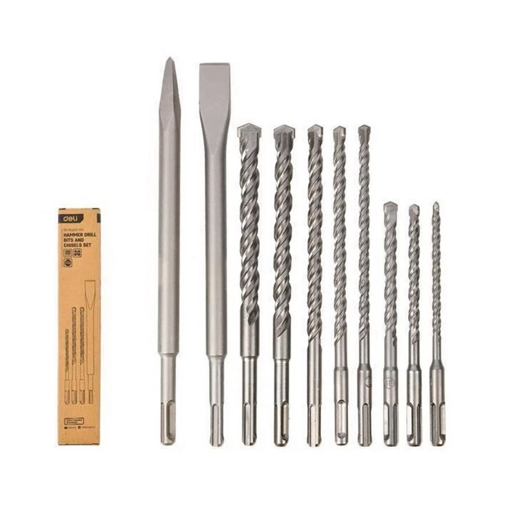 Набор буров и долот SDS Plus для перфоратора (10 предметов) Deli DH-YCZ010-EH1 (Буры 6x160, 8x160, 10x160, 8x210, 10x210, 12x210, 14x210, 16x210; Долота 14x250, 14x250x20)