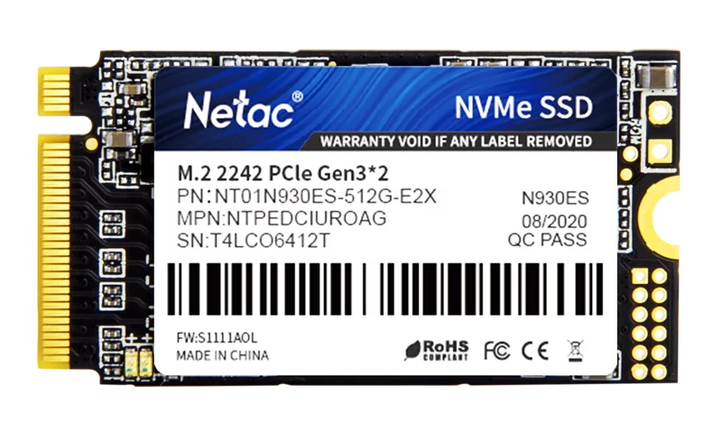 Netac SSD N930ES 512GB PCIe 3 x2 M.2 2242 NVMe 3D NAND, R/ W up to 1650/ 1500MB/ s, TBW 300TB, 3y wty (NT01N930ES-512G-E2X)