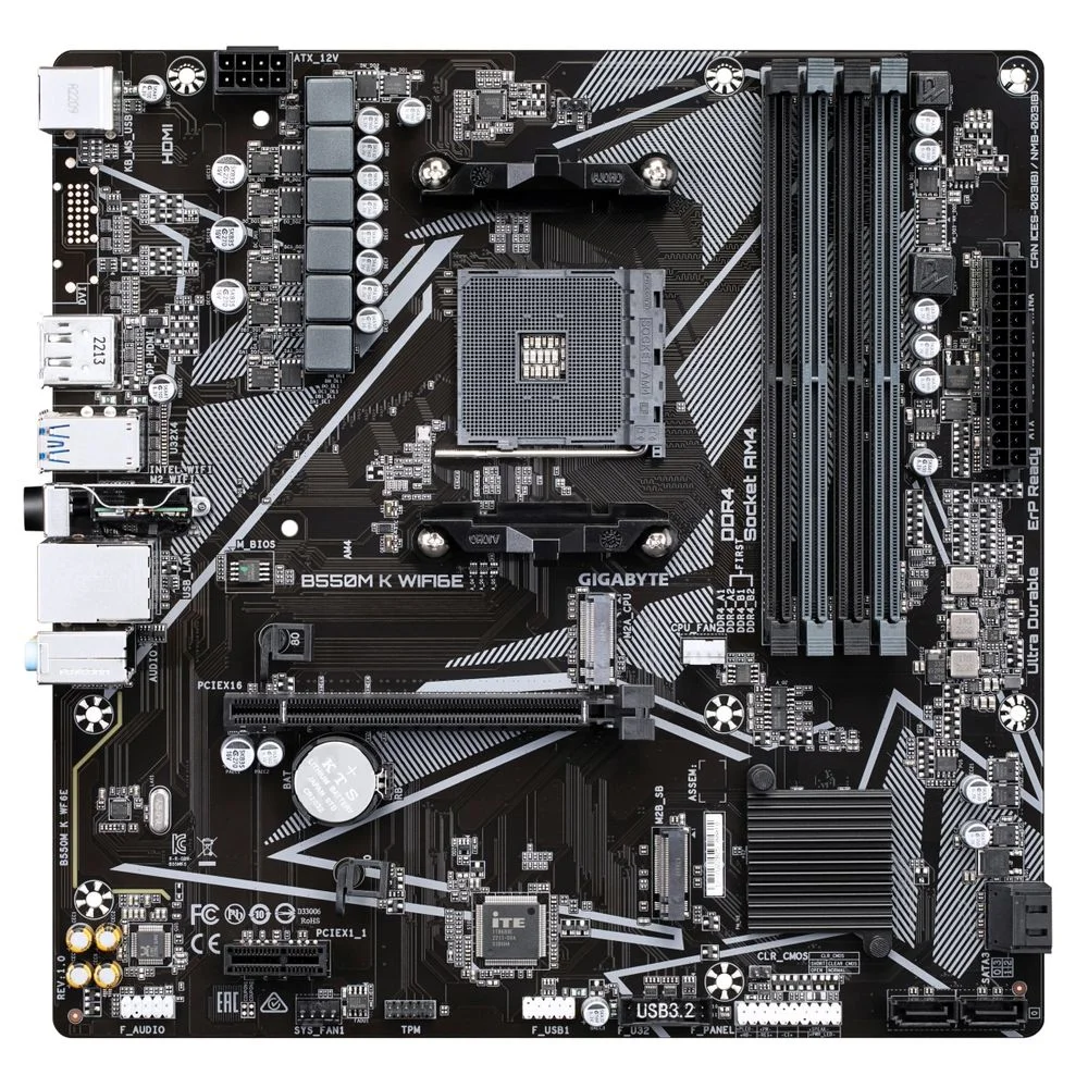 Материнская плата Gigabyte B550M K WIFI6E B550, AM5, 4xDDR4, 1*PCI-Ex16,2*M.2, 6*USB3.2Gen1, 6*USB2.0, 4*SATA3.0, 1G, DP, HDMI, ATX, RTL (B550M K WF6E)