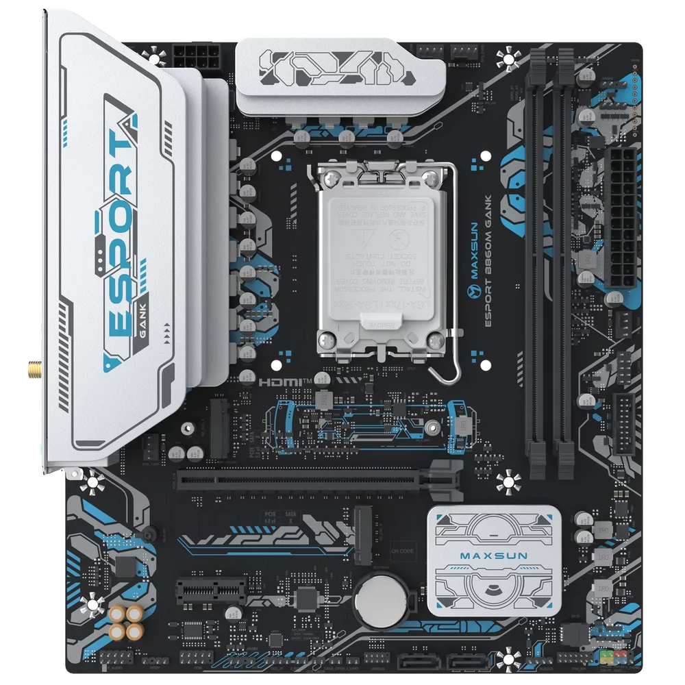 Материнская плата Maxsun MS-eSport B860M GANK WIFI B860, LGA1851, 2*DDR5, 1*PCIEx16, 1*PCIEx1, 2*M.2, 6*USB3.2Gen1, 4*USB2.0, 2*SATA3.0, 1G, DP, HDMI, M-ATX, RTL (6940709661413)