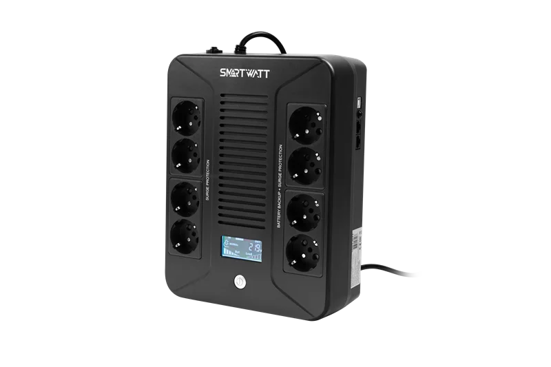 SMARTWATT линейно-интерактивный, 800/ 480 ВА/ Вт, напольный/ настенный, LCD дисплей, Shuko CEE7/ 4 - 8 шт. (4 шт. с резервным питанием, 4 шт. - сетевой фильтр) (UPS SAFE PRO LCD 800)