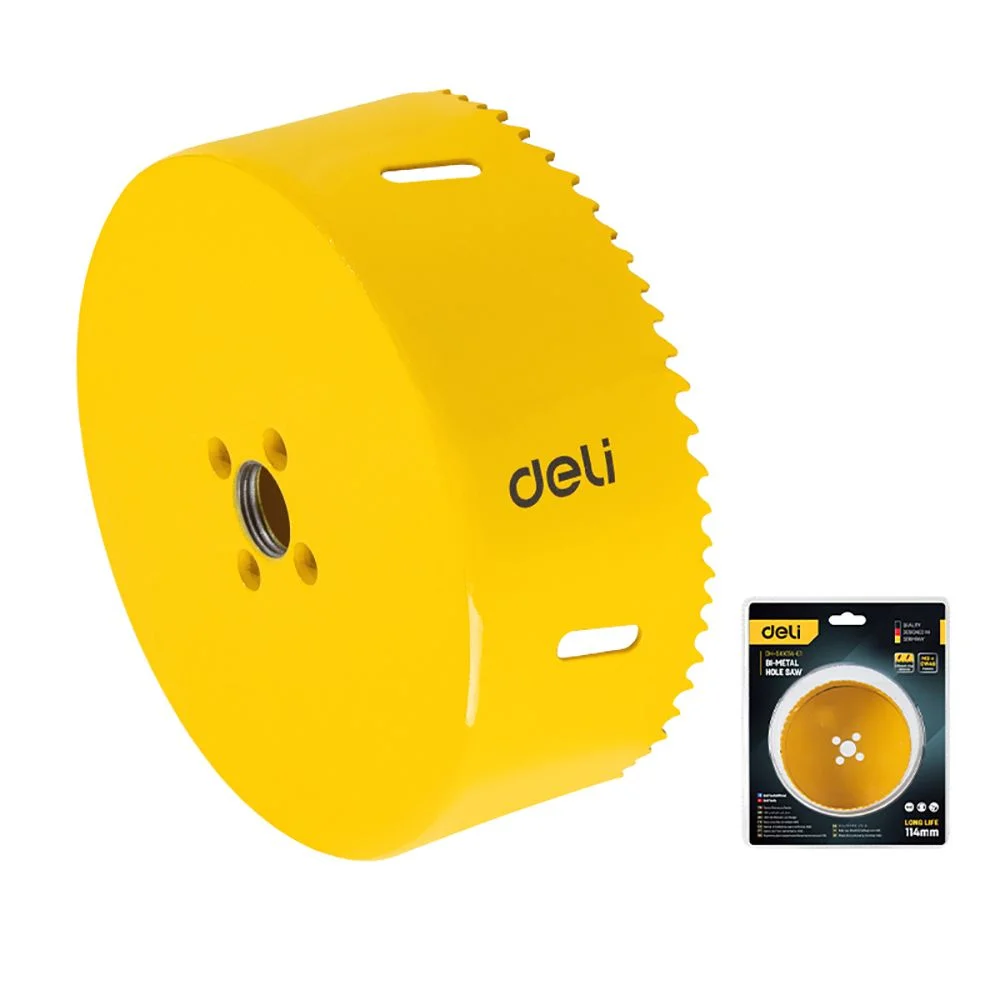 Коронка биметаллическая Deli DH-SKK114-E1 диаметр 114мм, макс глубина сверления 38мм, шаг зубьев 4-6мм, 42CrMo+M3