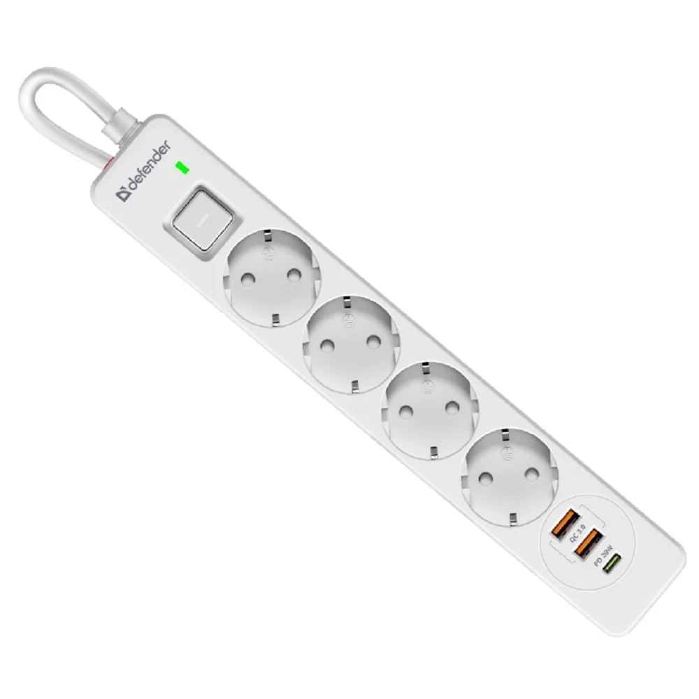 Defender Удлинитель с сетевым фильтром DFS 143, белый, 4розетки, USB+TypeC, 3 м. (99434)