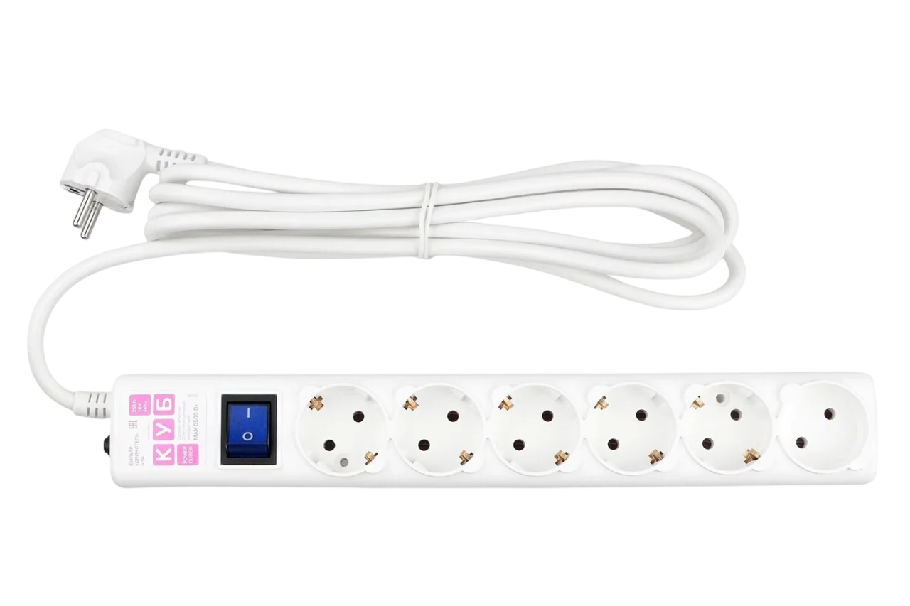 Power Cube сетевой фильтр, 3 метра, 6 розеток (5 с заземлением + 1 без заземления), 16А/3,5кВт, cечение провода: 3х1,5мм2, цвет белый, гарантия 4 года, (SPG6-A1)