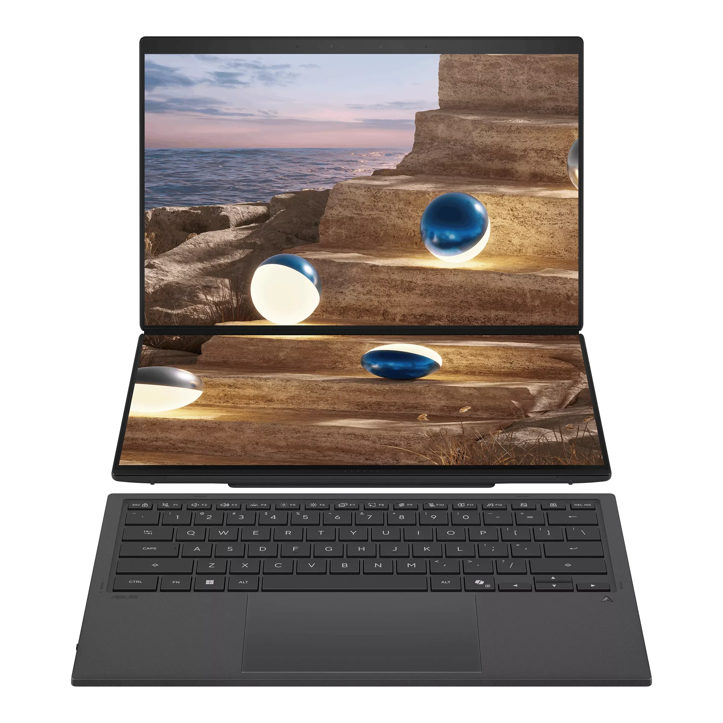 Ноутбук ASUS UX8407AA-SN537X Duo Touch 14+14"(2880x1800 OLED 16:10)/ Touch/ Intel Core Ultra X9 378H(2Ghz)/ 32768Mb/ 2TbPCISSDGb/ noDVD/ Int:Intel Graphics/ Cam/ BT/ WiFi/ 99WHr/ war 1y/ 1.65kg/ Moher Gray/ Win11P (90NB16V1-M00VT0)