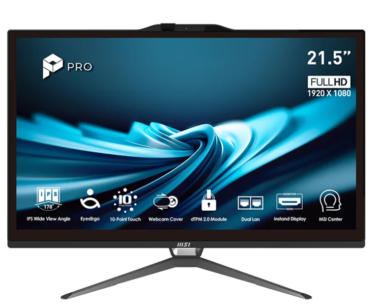 Моноблок MSI Pro AP222T 14M AiO 21,5" FHD (1920x1080)IPS AG 10pts Touch, Core i3-14100 (3.5GHz),16Gb DDR5(8GBx2),512GB SSD, TPM, Intel UHD,WiFi,BT,camera,Wired KB&mouse Eng/ Rus,noOS,1y w-ty,Black (9S6-AC0151-666)