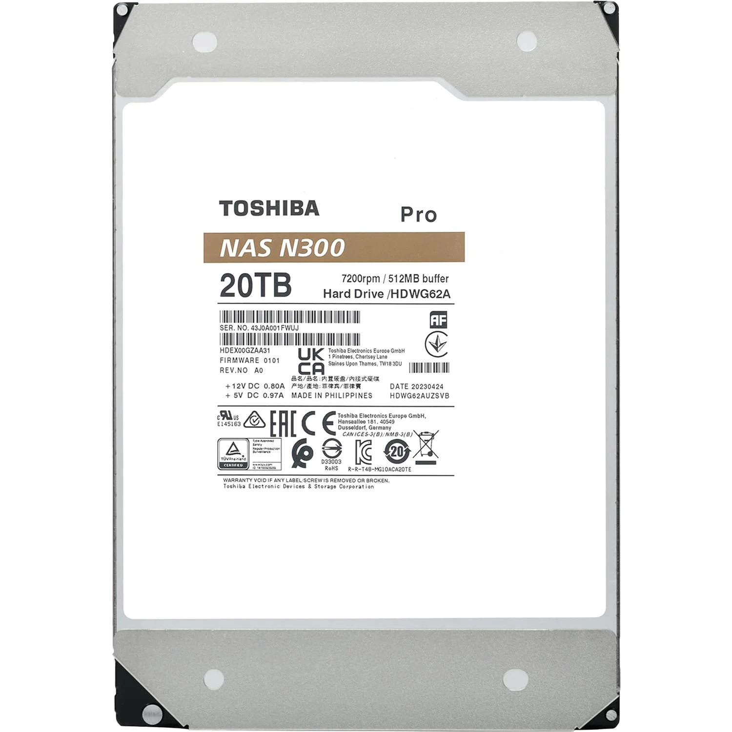 Жесткий диск/ HDD Toshiba N300 NAS PRO SATA3 3.5" 20TB 7200 512Mb 6Gb/ s 1 year warranty (HDWG62AXZSTB)