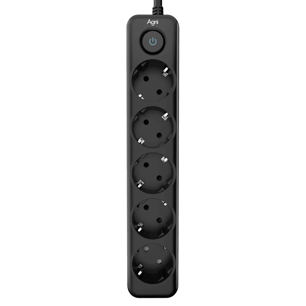 Cетевой фильтр AGNI плоский TP-FD5E-5m-black, 5 розеток Schuko, чёрный, кабель 5 метров, мощность нагрузки 4000 Вт, 16А, заземление, защита от короткого замыкания, сечение кабеля 3 х 1.5 кв.мм., разме