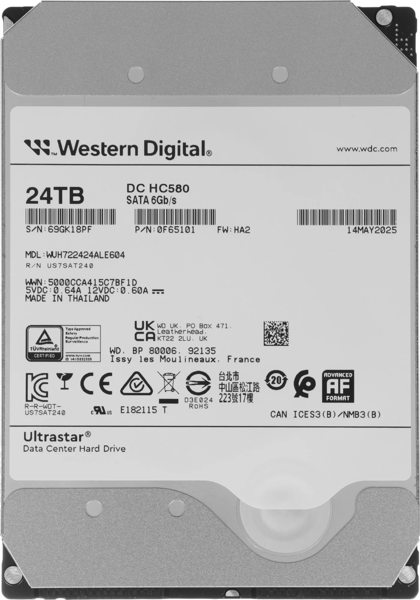 Жесткий диск WD SATA-III 24TB 0F65101/0F62821/0F62819 WUH722424ALE604 Server Ultrastar DC HC580 4KN (7200rpm) 512Mb 3.5"