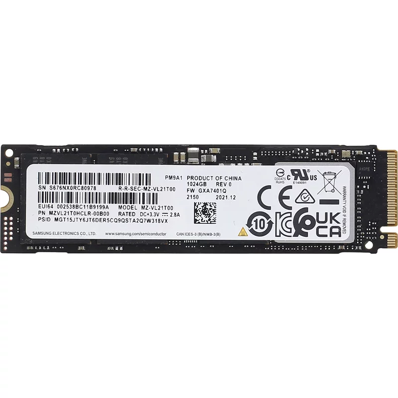 Твердотельный накопитель/ Samsung SSD PM9A1, 1TB, M.2(22x80mm), NVMe, PCIe 4.0 x4, R/ W 7000/ 5100MB/ s, IOPs 1 000 000/ 850 000 (12 мес.) (MZVL21T0HCLR-00B00)