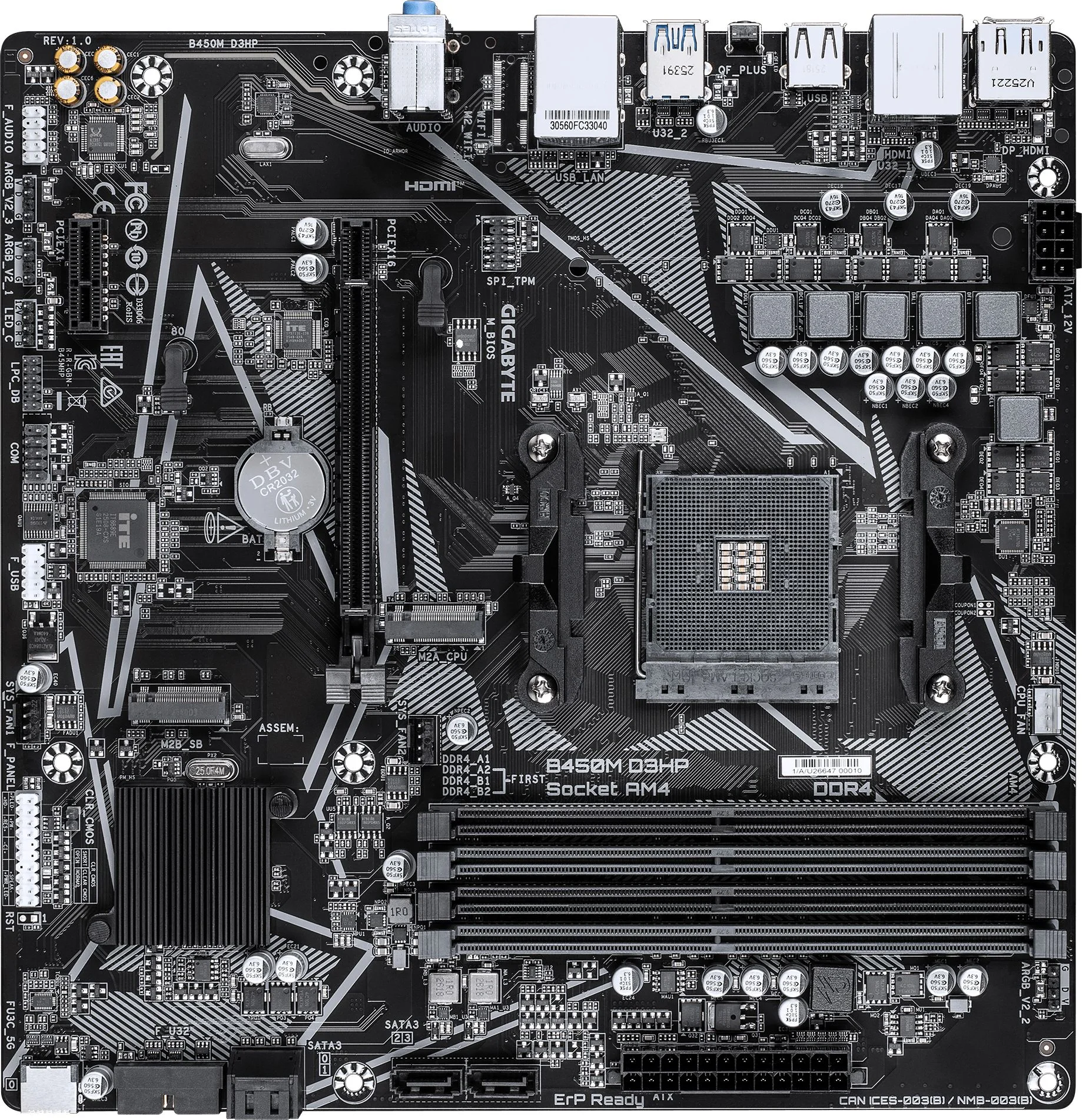Материнская плата Gigabyte B450M D3HP Soc-AM4 AMD B450 4xDDR4 mATX AC`97 8ch(7.1) GbLAN RAID+HDMI+DP