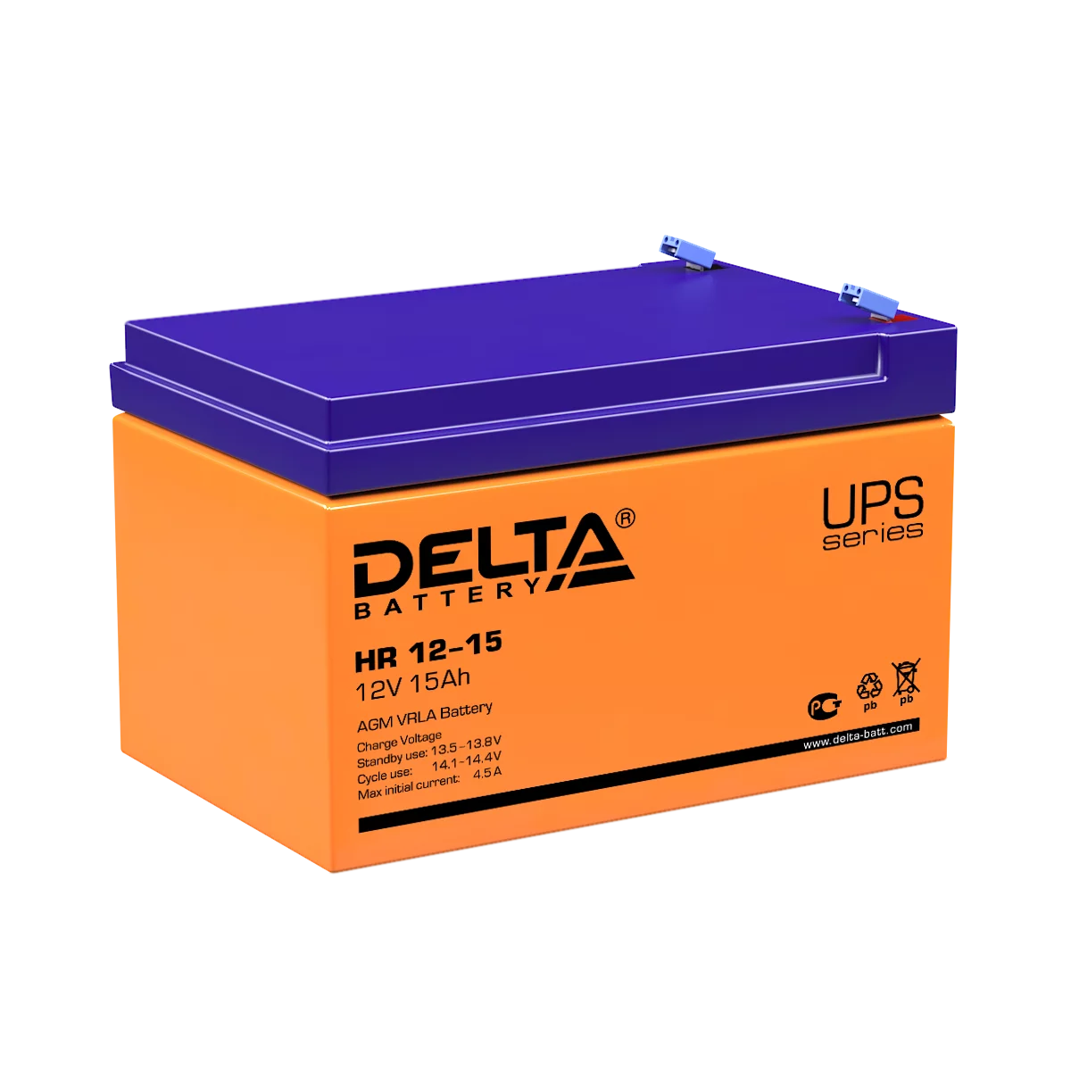 Батарея DELTA серия HR, HR 12-15, напряжение 12В, емкость 15Ач (разряд 20 часов), макс. ток разряда (5 сек.) 200А, макс. ток заряда 4.5А, свинцово-кислотная типа AGM, клеммы F2, ДxШxВ 151х98х95мм., вес 4.6кг., срок службы 8 лет./ Battery DELTA series HR,