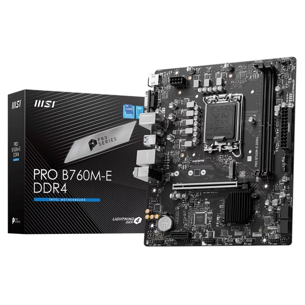 Материнская плата MSI Bad Pack PRO B760M-E DDR4 B760, LGA1700, 2*DDR4, 1*PCIEx16, 1*PCIEx1, 1*M.2, 4*USB3.2Gen1, 8*USB2.0, 4*SATA3.0, 1G, VGA, HDMI, M-ATX, RTL bp (PRO B760M-E DDR4||BP)