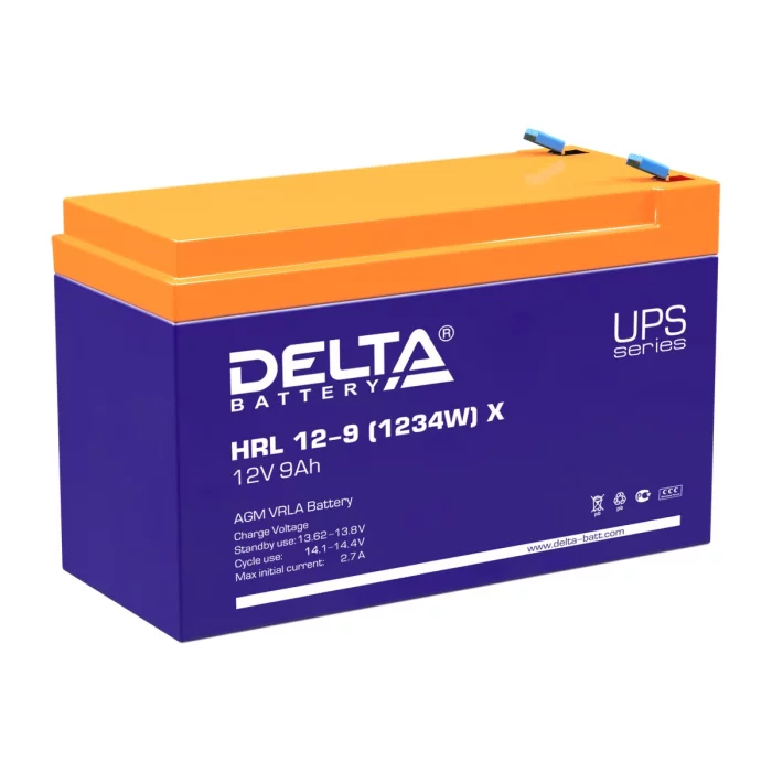 Батарея DELTA серия HRL-X, HRL 12-9 X, напряжение 12В, емкость 9Ач (разряд 10 часов), макс. ток разряда (5 сек.) 135А, макс. ток заряда 2.7А, свинцово-кислотная типа AGM, клеммы F2, ДxШxВ 151х65х94мм., вес 2.55кг., срок службы 12 лет./ Battery DELTA seri
