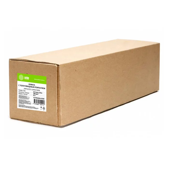 Бумага Cactus CS-PSG200-61030 24"(A1) 610мм-30м/200г/м2/белый полуглянцевое сатин для струйной печати втулка:50.8мм (2")