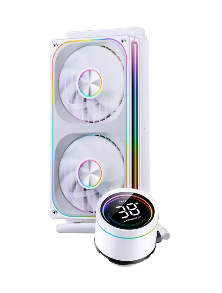 Система жидкостного охлаждения/ Water Cooling System JONSBO TH-240 White (260W, 240mm, LED temp., White, ARGB/ Fans: 2x120mm, 62.4CFM, 37.3dBA, 2400RPM/ Pump height 72mm, 30dBA, 2400RPM, Rad thickness 27mm/ S: 1851, 1700, 1200, 115X, AM5, AM4)