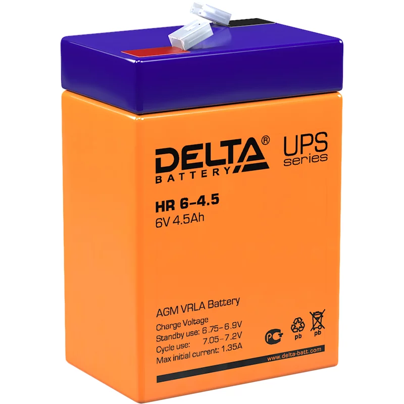 Батарея DELTA серия HR, HR 6-4.5, напряжение 6В, емкость 4.5Ач (разряд 20 часов), макс. ток разряда (5 сек.) 67.5А, макс. ток заряда 1.35А, свинцово-кислотная типа AGM, клеммы F1, ДxШxВ 70х47х101мм., вес 0.85кг., срок службы 8 лет./ Battery DELTA series