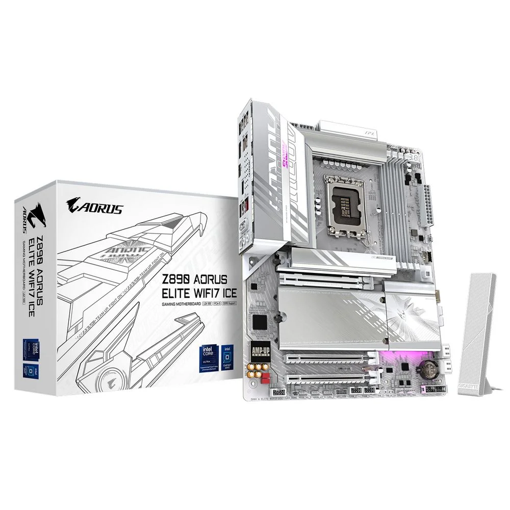 Материнская плата Gigabyte Bad Pack Z890 AORUS ELITE WIFI7 ICE, Socket 1851, Intel®Z890, 4xDDR5-6400, DP, 3xPCI-Ex16, 4xSATA3(RAID 0/ 1/ 5/ 10), 4xM.2, 8Ch Audio, 1x2.5GbLan, WiFi, (4+4)xUSB2.0, (5+2)xU (Z890 AORUS ELITE WIFI7 ICE||BP)