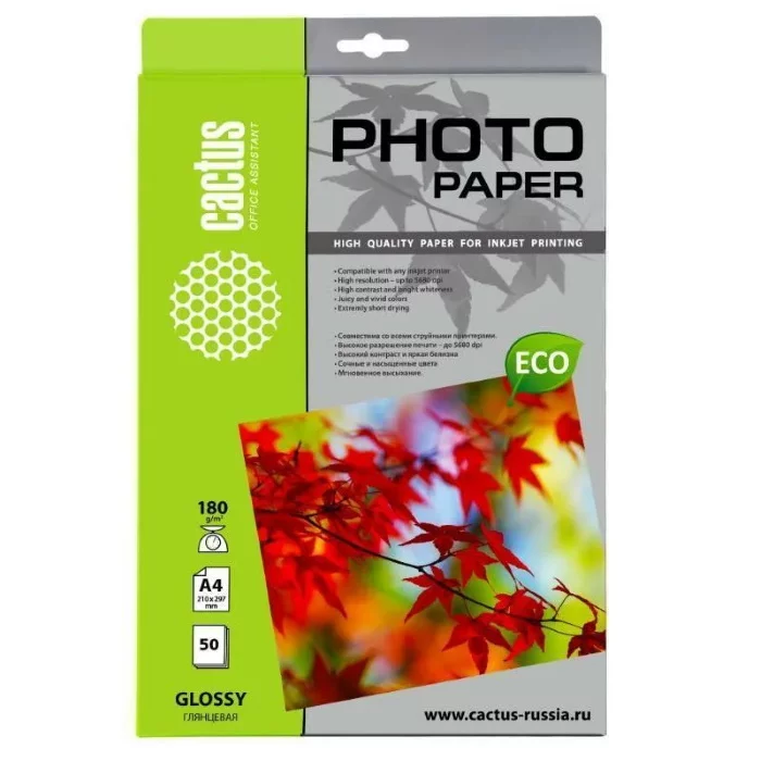 Фотобумага Cactus CS-GA418050 A4/180г/м2/50л./белый глянцевое для струйной печати