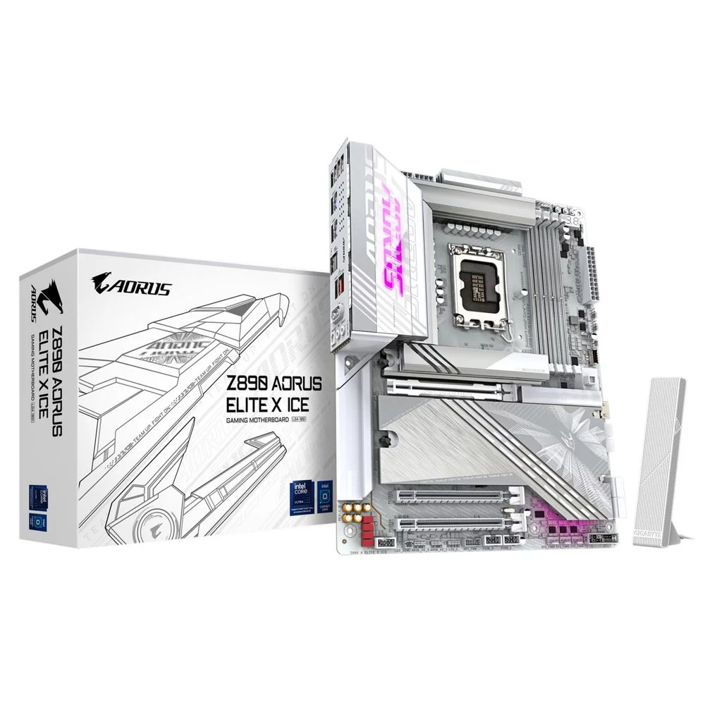 Материнская плата/ Z890 AORUS ELITE X ICE, Socket 1851, Intel®Z890, 4xDDR5-6400, 3xPCI-Ex16, 4xSATA3(RAID 0/1/5/10), 5xM.2, 8Ch Audio, 1x2.5GbLan, WiFi, (4+4)xUSB2.0, (6+2)xUSB3.2, (1+1)xUSB Type-C™, ATX, RTL