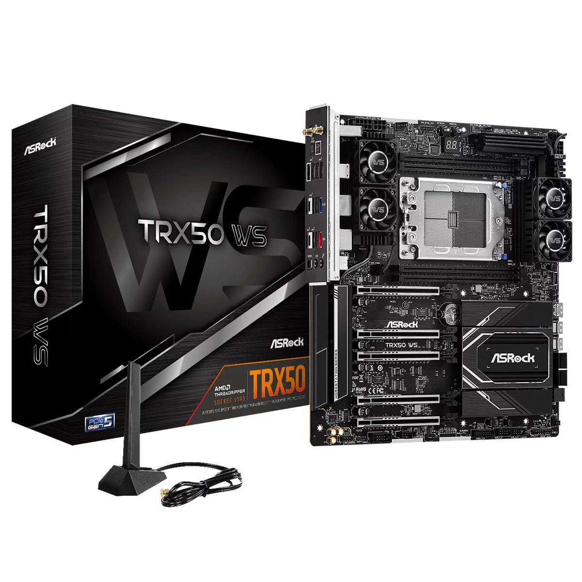 TRX50 WS, Socket sTR5, AMD TRX50, 4xDDR5-4800, DP, 5xPCI-Ex16, 4xSATA3(RAID 0/ 1/ 10), 3xM.2, 8 Ch Audio, 10Gb Lan, 2.5Gb Lan, Wi-Fi, (0+4)xUSB2.0, (6+2)xUSB3.2, (2+1)xUSB3.2 Type-C™, ATX, RTL