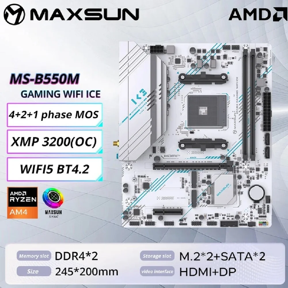 MAXSUN MS-B550M GAMING WIFI ICE (Socket AM4, mATX, 4*DDR4(64Gb), DP/HDMI, 3*SATA3, 2*M.2, 1*PCIEx16/1*PCIEx4, 4*USB2.0, 2*USB 3.0, LAN 1*1G, Bluetooth, Wi-Fi 802.11ac, RTL)