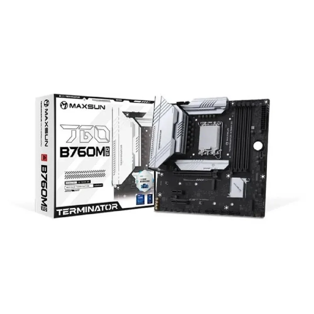 MAXSUN MS-Terminator B760M D5 WiFi V1/V2 (Socket 1700, mATX, 4*DDR5, DP/HDMI, 4xSATA3, 3*M.2,xPCI-E x16 /1xPCI-E x1, 6*USB 2.0, 2 * USB 3.2 Gen1, LAN 1*2.5G, Bluetooth, Wi-Fi 802.11ax, RTL)
