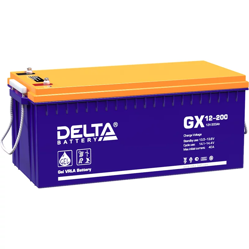 Батарея DELTA серия GX, GX 12-200, напряжение 12В, емкость 200Ач (разряд 10 часов), макс. ток разряда (5 сек.) 1000А, макс. ток заряда 40А, свинцово-кислотная типа GEL, клеммы под болт М8, ДxШxВ 522х238х218мм., вес 65кг., срок службы 15 лет./ Battery DEL