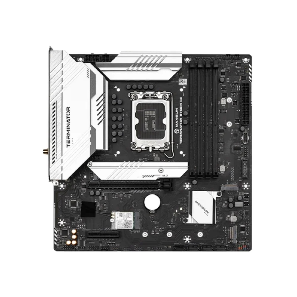 MAXSUN MS-Terminator B760M D4 WIFI V2 (Socket 1700, mATX, 4*DDR4(128Gb), DP/HDMI, 4*SATA3, 3*M.2, 1*PCIEx16/1*PCIEx4, 4*USB2.0, 2*USB 3.2, LAN 1*2,5 G, Bluetooth, Wi-Fi 802.11ax, RTL)