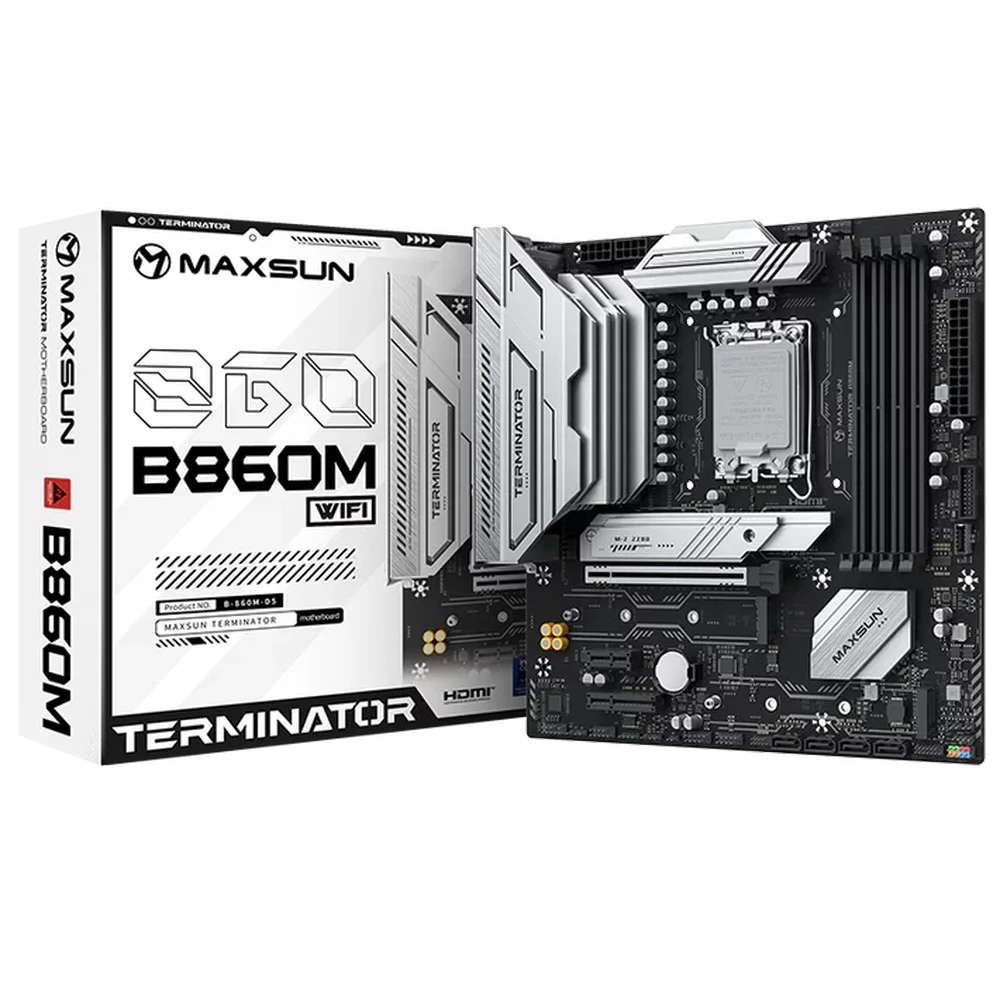 Материнская плата Maxsun MS-Terminator B860M WIFI B860, LGA1851, 4*DDR5, 1*PCIEx16, 1*PCIEx4, 1*PCIEx1, 3*M.2, 1*TypeC, 2*USB3.2Gen2, 2*USB3.2Gen1, 10*USB2.0, 4*SATA3.0, 2.5G, Type-C(DP), DP, HDMI, M-ATX, RTL (6940709661666)