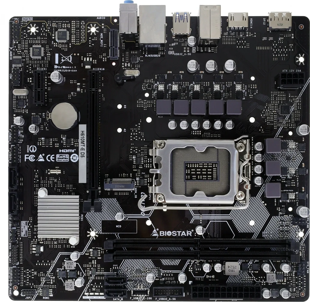 Материнская плата Biostar H610MT-E D5 Soc-1700 Intel H610 2xDDR5 mATX AC`97 8ch(7.1) GbLAN+HDMI+DP