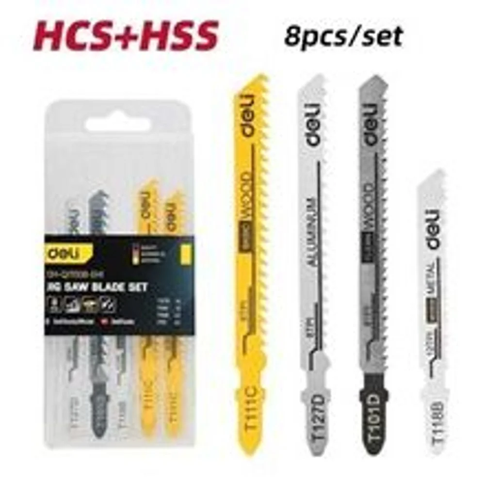 Набор пилок для электролобзика (8шт) универсальный Deli DH-QJT008-EH1 (по металлу 12TPI - 2шт, по дереву 8TPI - 4шт + 6TPI - 1шт, по алюминию 8TPI - 1шт)