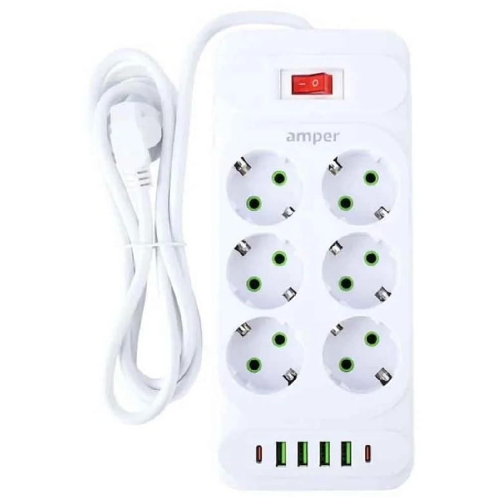 Amper сетевой удлинитель, 4,0м, 6 розеток, 10А, 2500 Вт, 4usb,2Type-C, белый. (JH-1076U-4W)