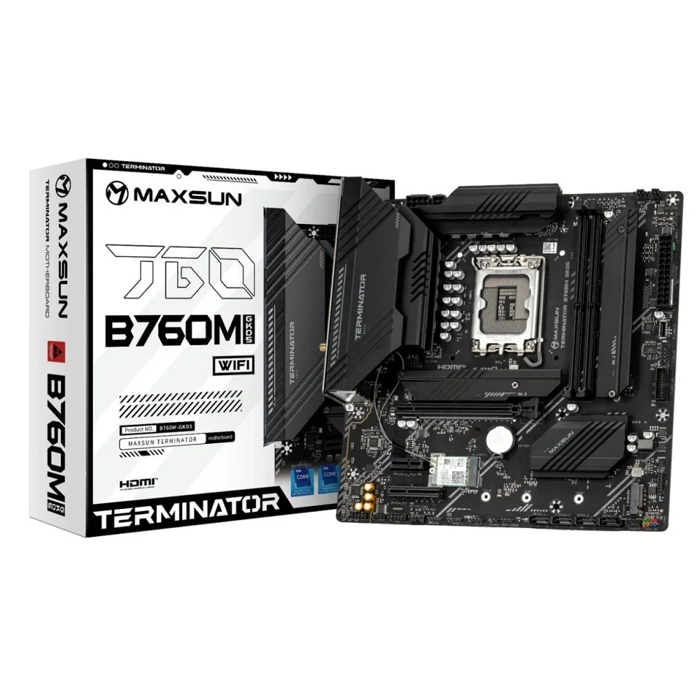 MAXSUN MS-Terminator B760M GKD5 WIFI (Socket 1700, mATX, 2*DDR5(96Gb), DP/HDMI, 4*SATA3, 3*M.2, 1xPCI-Ex16/1*PCIEx4/1*PCIEx1, 6*USB 2.0, 2*USB 3.2, LAN 1*2.5G, Wi-Fi 6, RTL)
