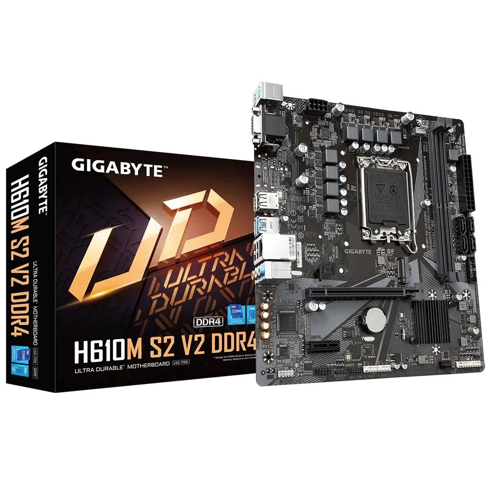 Материнская плата Gigabyte Bad Pack H610M S2 V2 DDR4 Socket 1700, Intel®H610, 2xDDR4-3200, D-SUB, 1xPCI-Ex16, 1xPCI-Ex1, 4xSATA3, 1xM.2, 8Ch Audio, GLan, (4+4)xUSB2.0, (2+2)xUSB3.2, 2xPS/ 2, mATX, RTL {10} bp (H610M S2 V2 DDR4||BP)