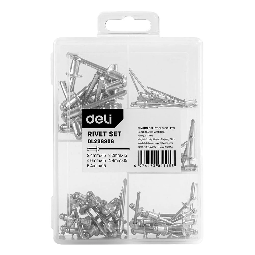 Набор заклепок Deli DL236906 75шт (2,4 / 3,2 / 4,0 / 4,8 / 6,0 мм) * 15 шт, пластиковый кейс
