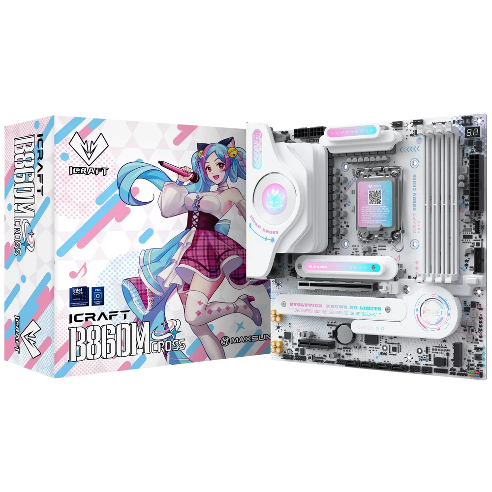 Материнская плата Maxsun MS-iCraft B860M CROSS B860, LGA1851, 4*DDR5, 1*PCIEx16, 1*PCIEx4, 3*M.2, 1*TypeC, 8*USB3.2Gen2, 2*USB3.2Gen1, 3*USB2.0, 4*SATA3.0, 5G, Type-C(DP), DP, HDMI, M-ATX, RTL (6940709661192)