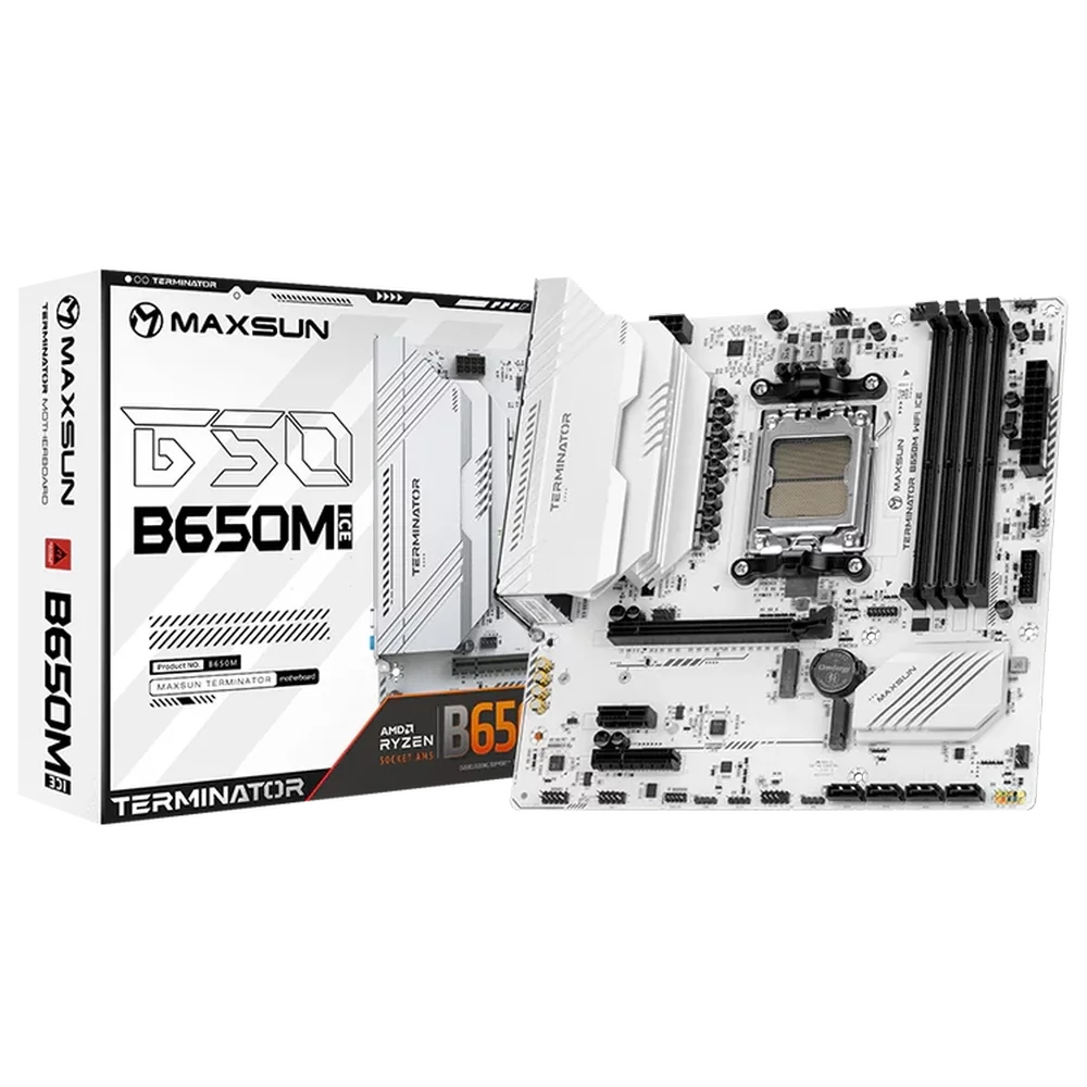 Материнская плата Maxsun MS-Terminator B650M WIFI ICE B650, AM5, 4*DDR5, 1*PCIEx16, 1*PCIEx4, 1*PCIEx1, 2*M.2, 2*TypeC, 6*USB3.2Gen1, 6*USB2.0, 4*SATA3.0, 2.5G, DP, HDMI, M-ATX, RTL (6940709661109)