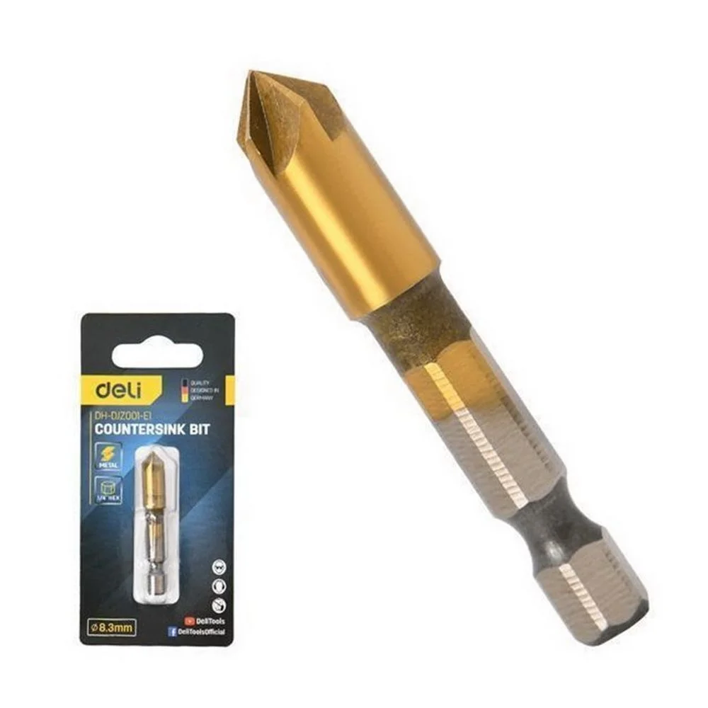 Зенковка конусная под М4 по металлу/дереву/пластику Deli DH-DJZ001-E1 8,3мм, сталь HSS, угол заточки 90град., шестигранный хвостовик