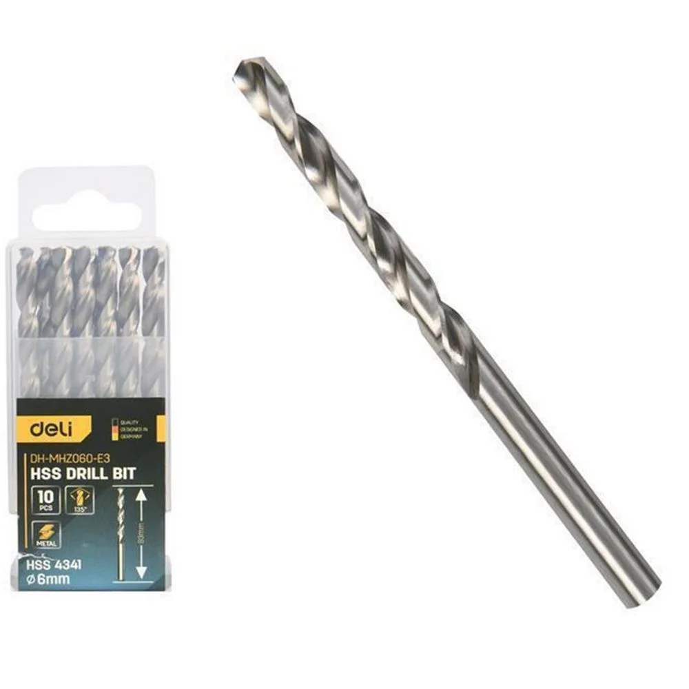 Набор сверл по металлу (6мм, 10 шт) Deli DH-MHZ060-E3 сталь HSS 4341, угол заточки 135 град, пласт. кейс