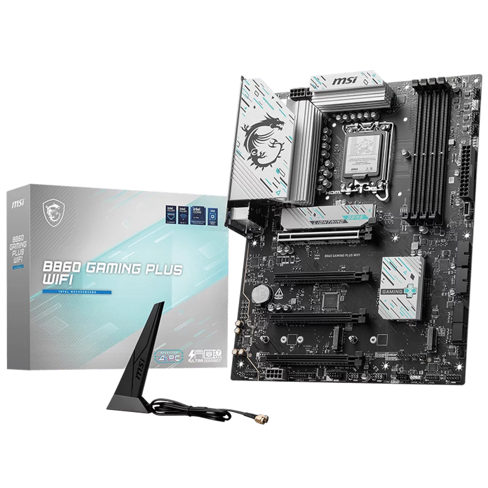 Материнская плата MSI B860 GAMING PLUS WIFI B860, LGA1851, 4*DDR5, 4*PCIEx16, 3*M.2, 1*TypeC, 2*USB3.2Gen2, 6*USB3.2Gen1, 8*USB2.0, 4*SATA3.0, 5G, Type-C(DP), DP, HDMI, ATX, RTL